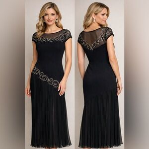 St. John Evening by Marie Gray Black Rhinestone Mesh Gown Pleated Hem Size 6